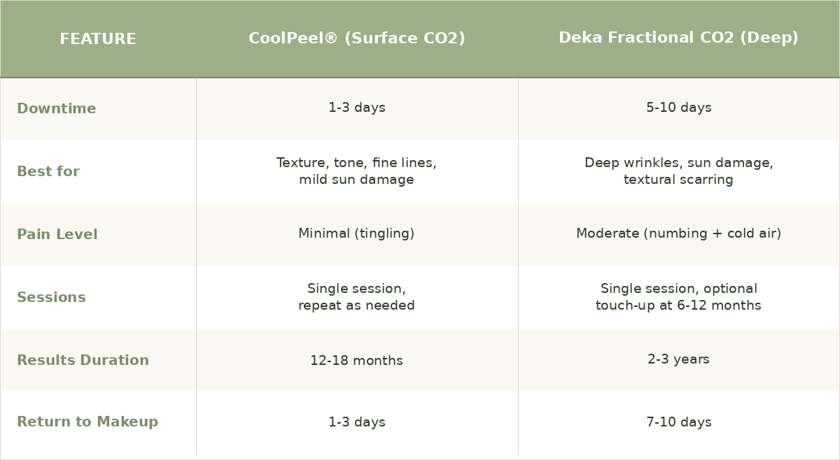 CoolPeel vs Deka fractional CO2 laser comparison — downtime, sessions, and results at Elysian Laser Aesthetics Calgary