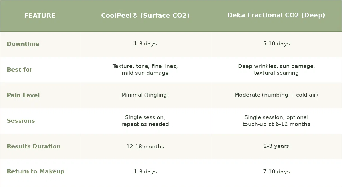 coolpeel vs deka co2 comparison CoolPeel vs Deka fractional CO2 laser comparison — downtime, sessions, and results at Elysian Laser Aesthetics Calgary